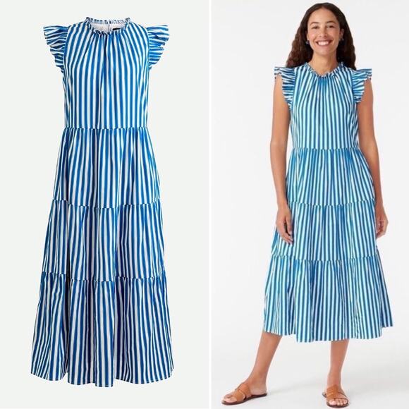 J.Crew Striped Tiered Cotton Dobby Midi Dress - Picture 1 of 10
